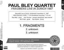 Load image into Gallery viewer, PAUL BLEY QUARTET / FRAGMENS LIVE IN ZURICH 1987 (1CDR)
